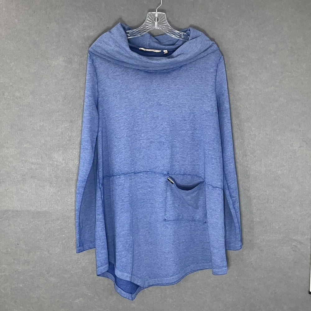 Soft Surroundings Sweater Women L Blue Heather Cowl Neck Asymmetrical Hem Pocket